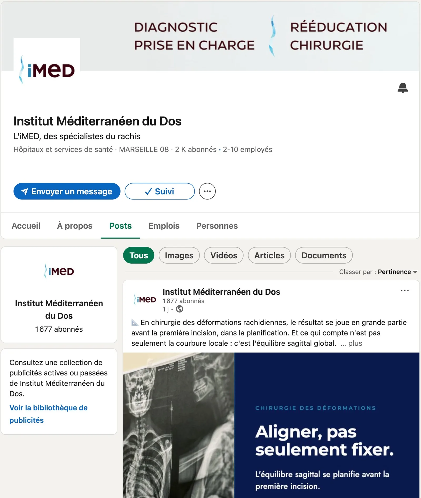 Page LinkedIn de l'Institut Méditerranéen du Dos animée par Studio Prava