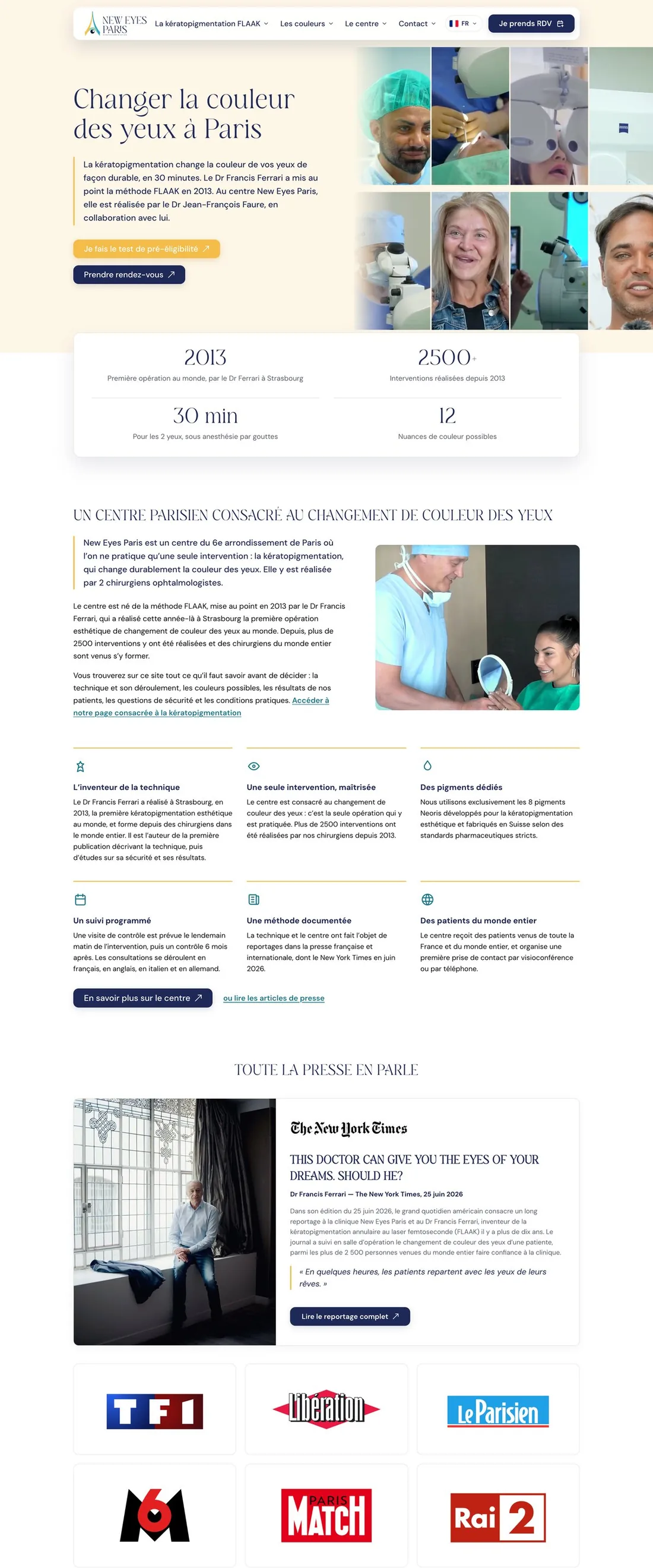 Page d'accueil du site de New Eyes Paris, institut de kératopigmentation à Paris